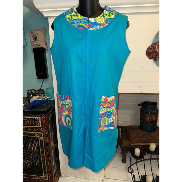 VINTAGE 60's TURQUOISE PSYCHEDELIC PRINT MOD COTTON ROMPER PLAYSUIT BEACHWEAR S - Picture 2 of 10